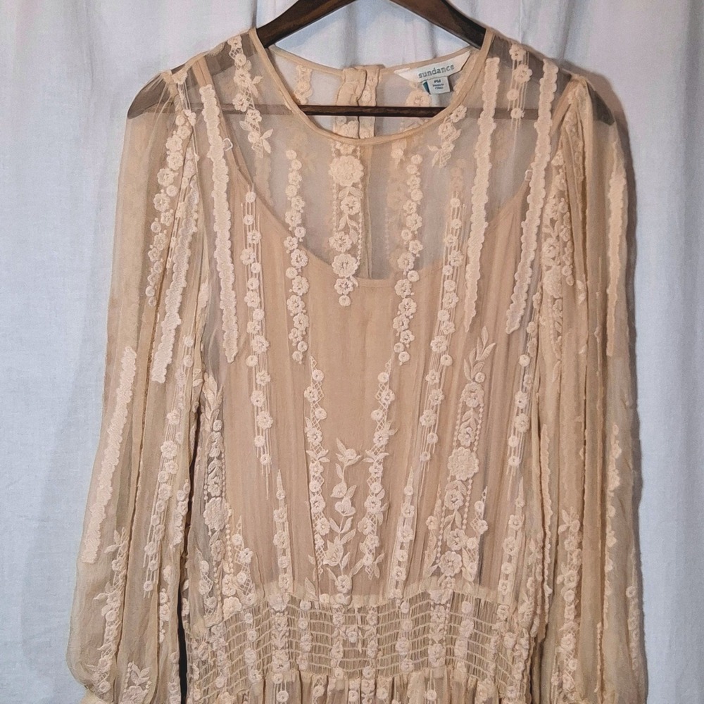 Sundance Seaspell Lace Midi Silk Dress Womens PM Beige Smocked Waist Sheer Slip